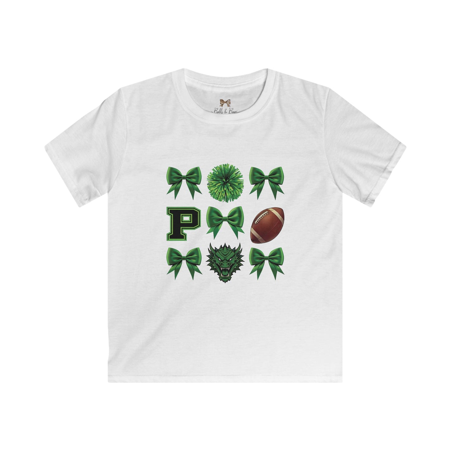 Pickens Dragons Kids Softstyle Tee with Football and Bows
