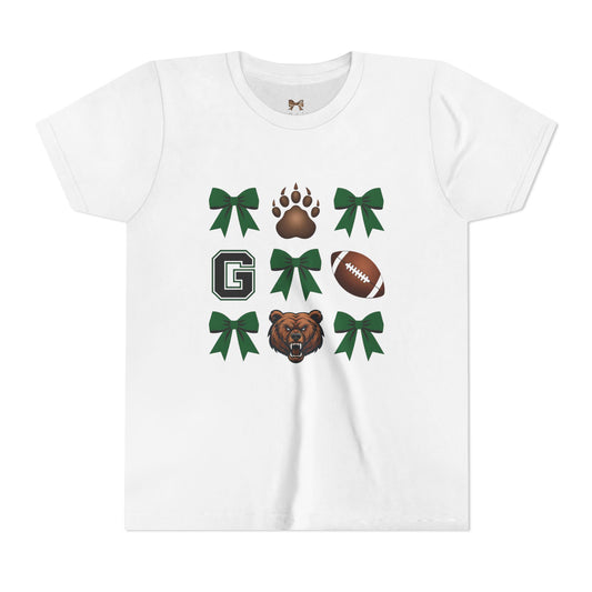 Youth Grizzlies Football Tee with Bows and Bear