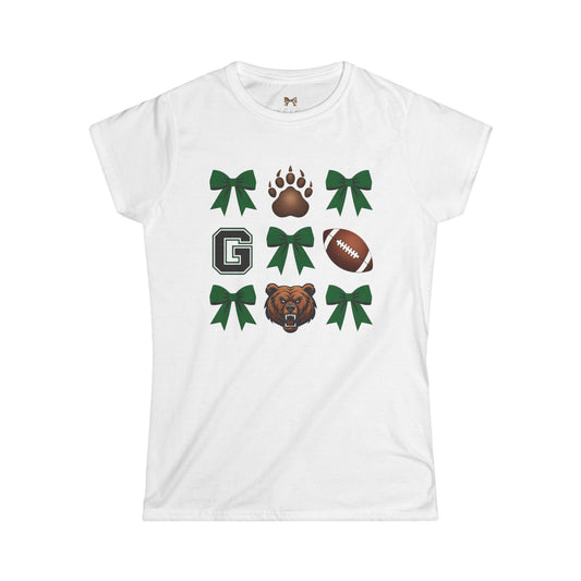Women's Football Cheer Tee - Green & Brown Bear Design