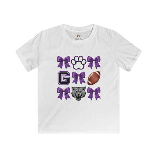 Gilmer Bobcats Kids Softstyle Tee with Football and Bows Design